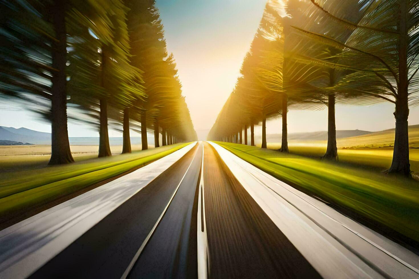 a long road with trees and a sun shining. AI-Generated photo