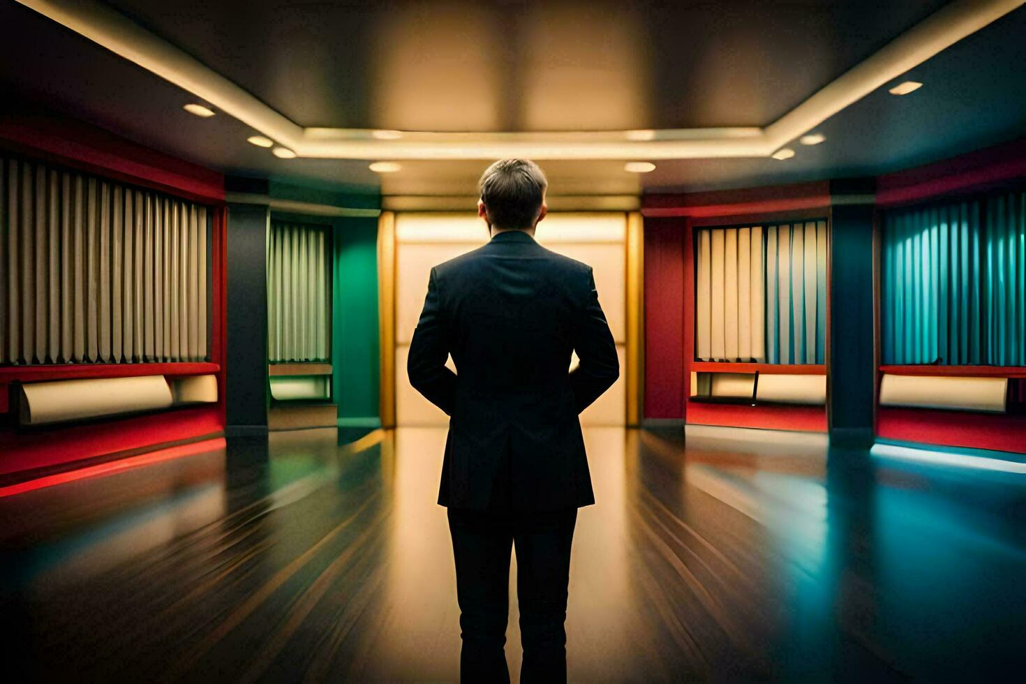 a man in a suit stands in an empty room. AI-Generated photo