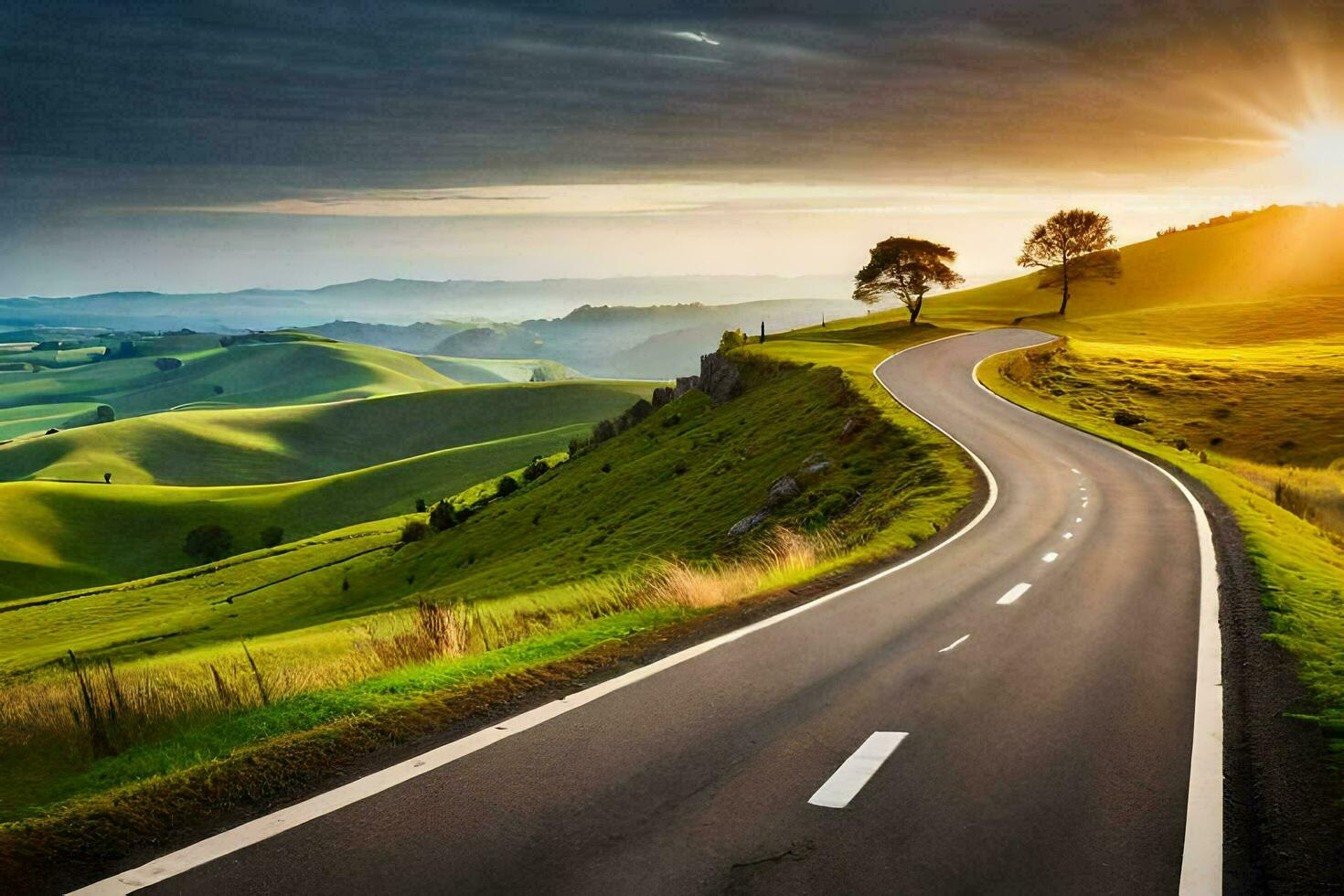 a road winding through the hills at sunset. AI-Generated photo