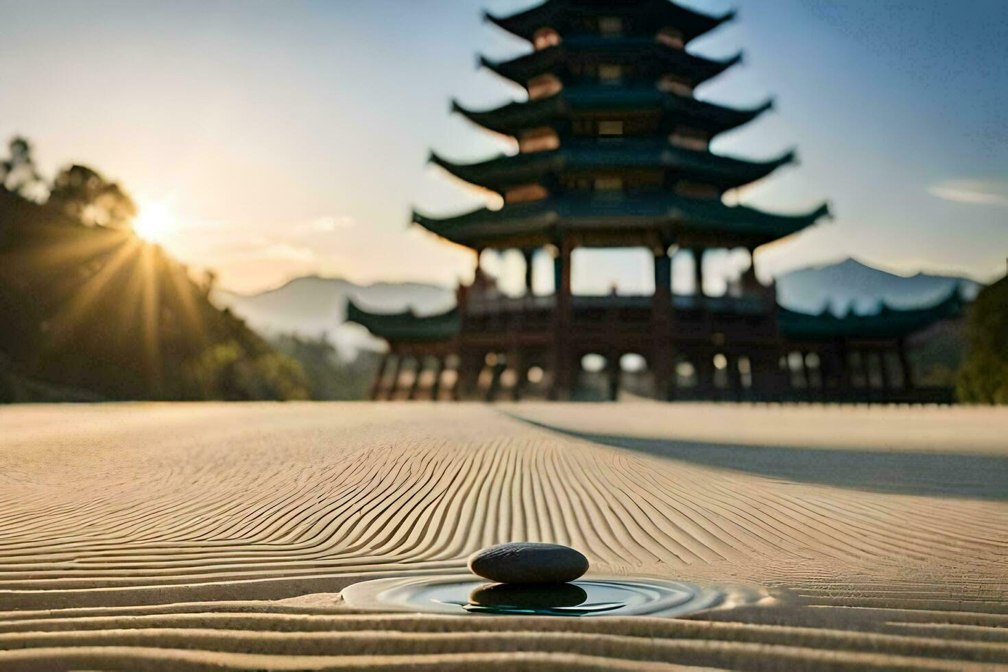 a pagoda in the sand with a rock in the middle. AI-Generated photo