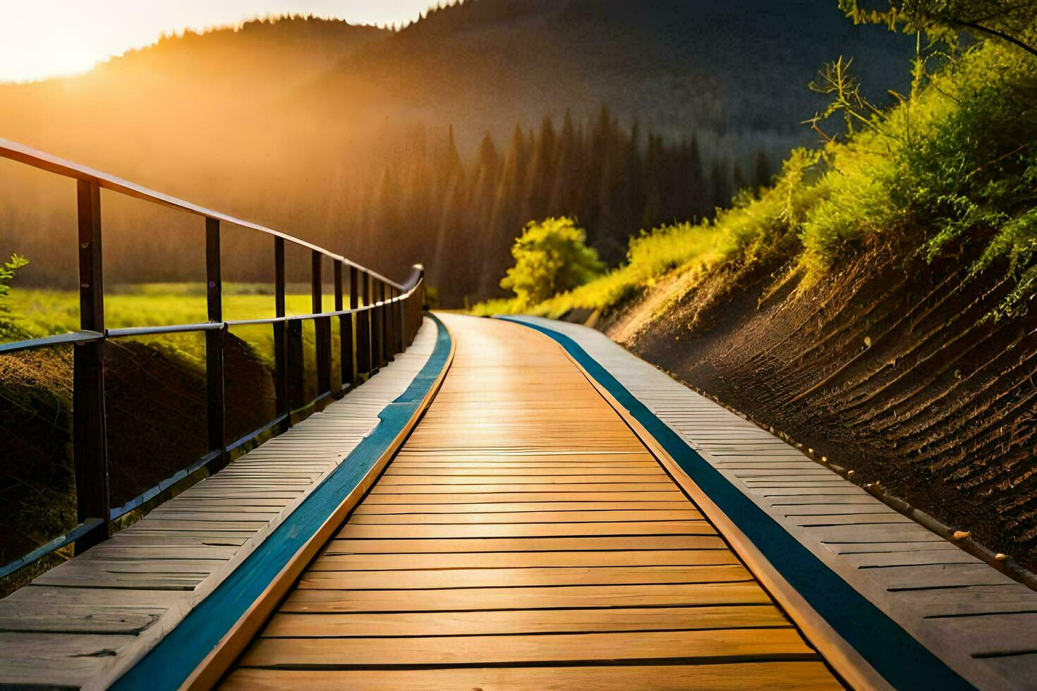 a wooden walkway in the middle of a field. AI-Generated photo