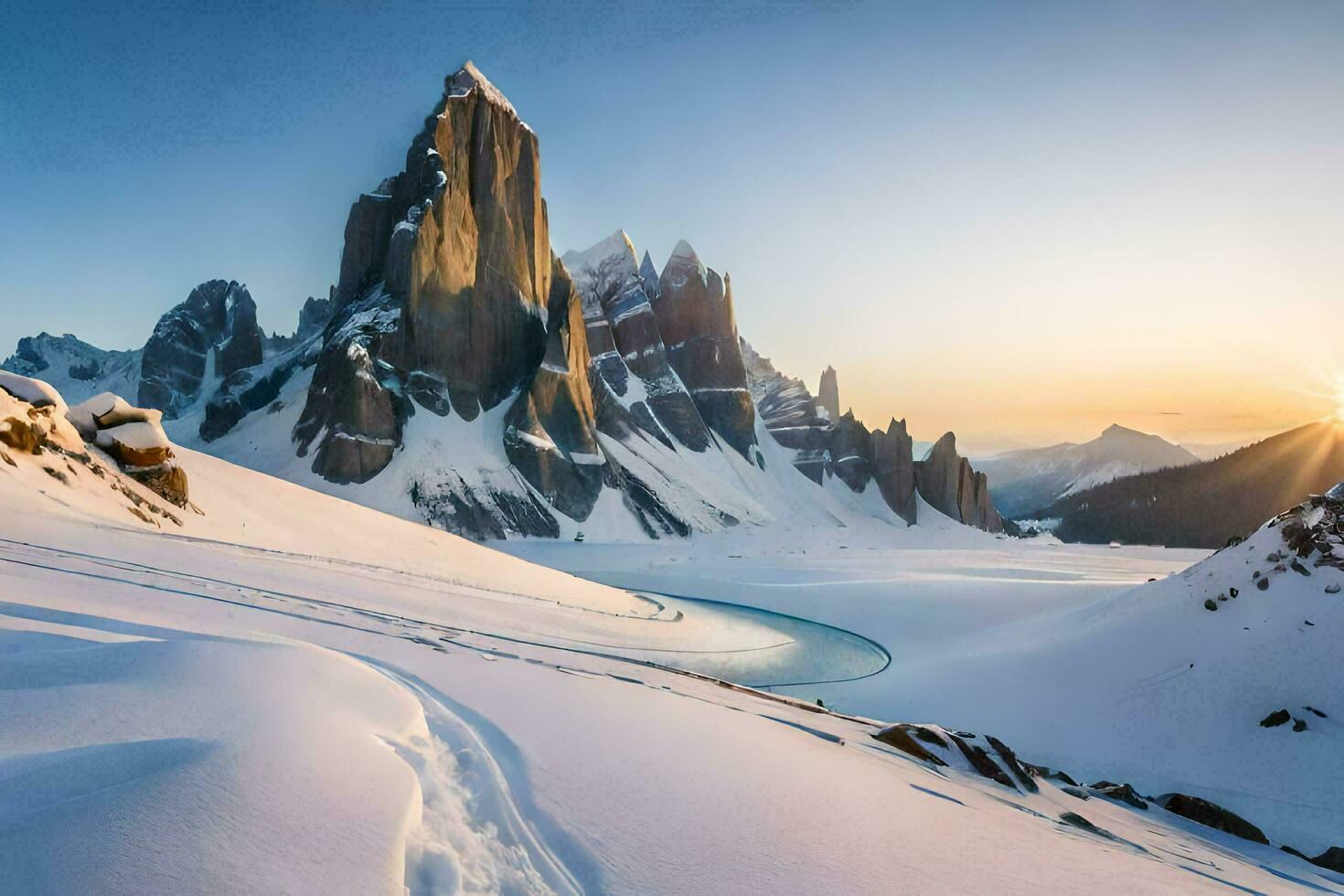 the sun rises over a mountain range covered in snow. AI-Generated photo