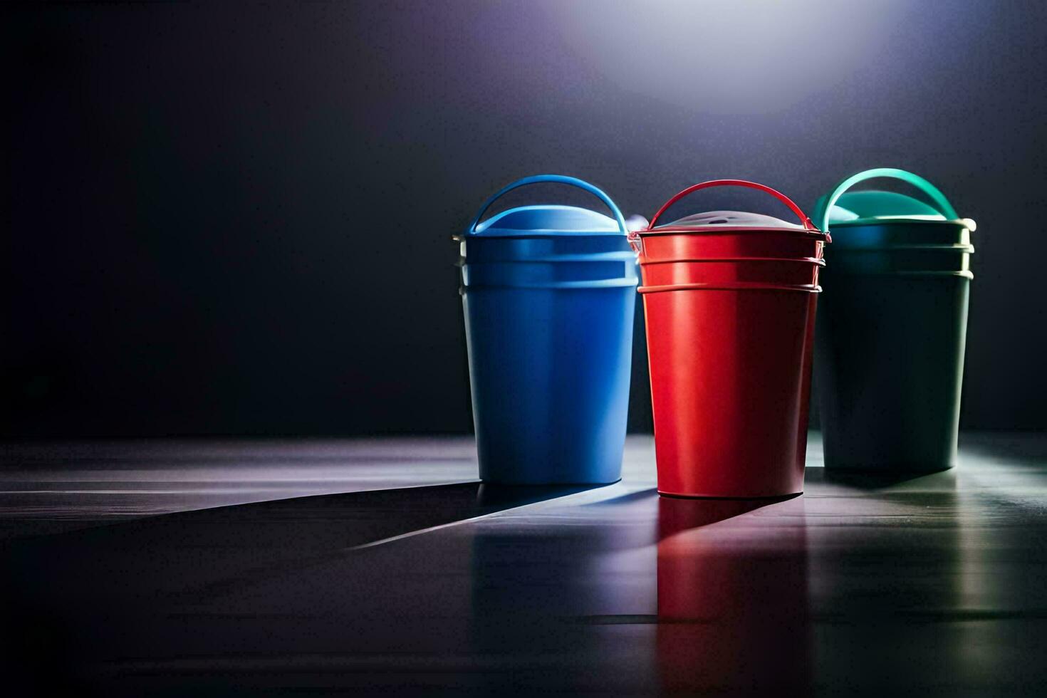 three colorful plastic trash cans are shown in a dark room. AI-Generated photo