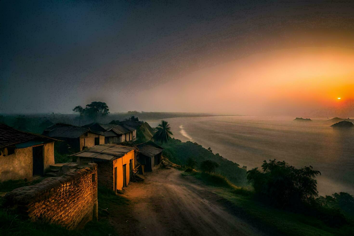 the sun sets over a small village on the coast. AI-Generated photo