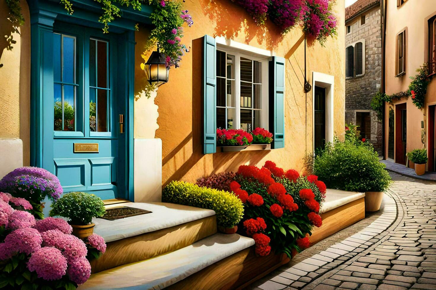 un pintura de un vistoso calle con flores generado por ai foto