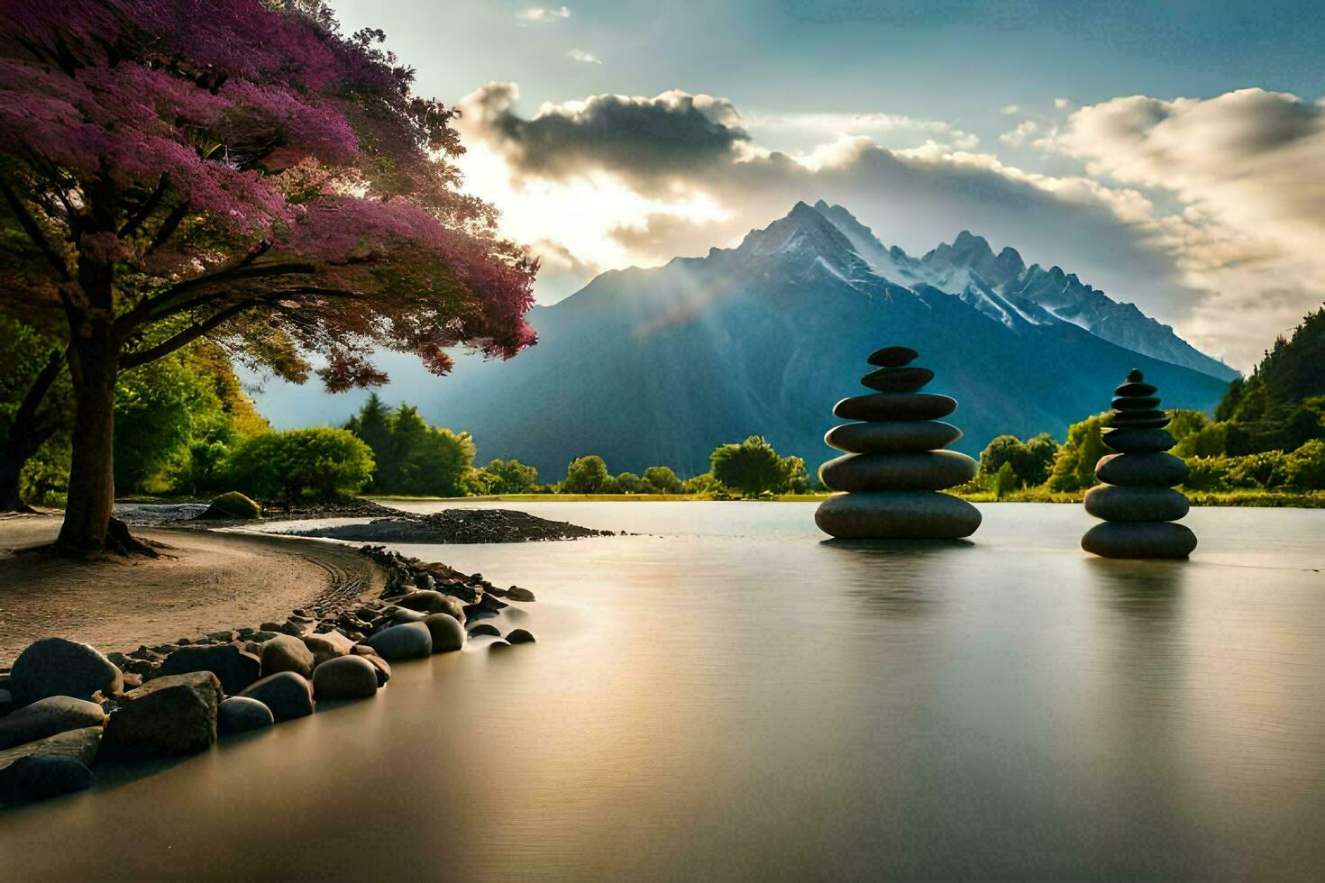 a lake with rocks and trees in front of mountains. AI-Generated photo