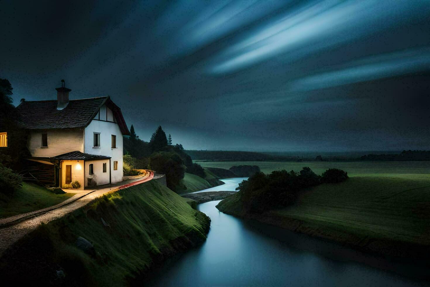 a house sits on the side of a river at night. AI-Generated photo