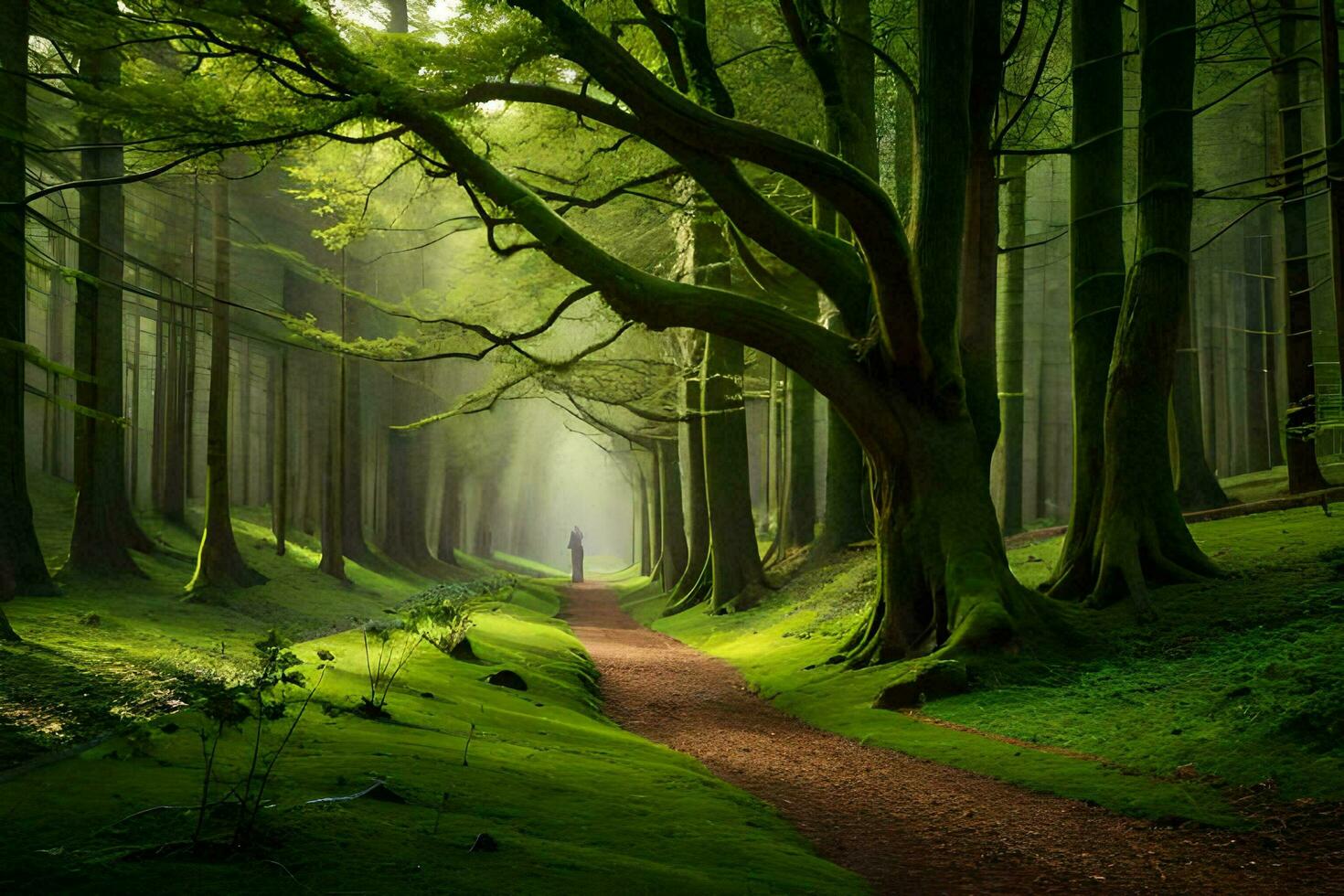 a path through a forest with trees and green grass. AI-Generated photo