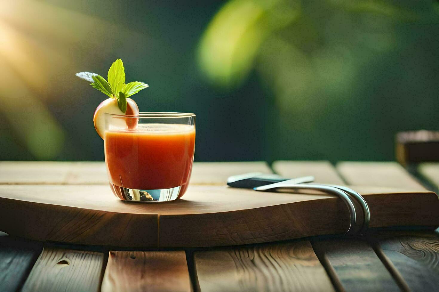 a glass of juice on a wooden table. AI-Generated photo