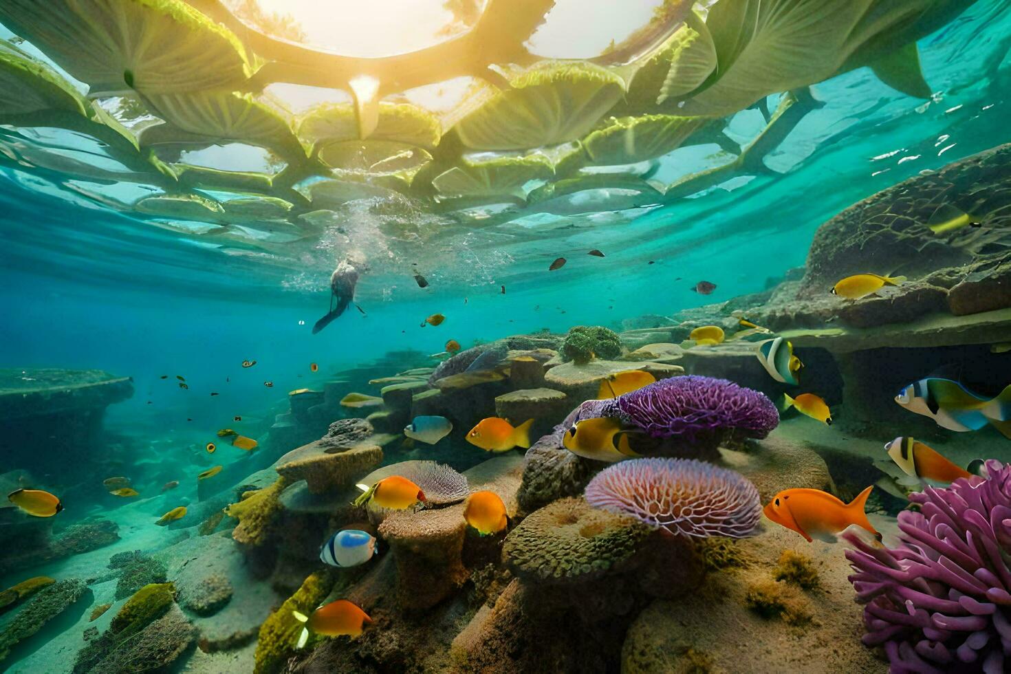 a diver swims through a coral reef with fish and corals. AI-Generated photo