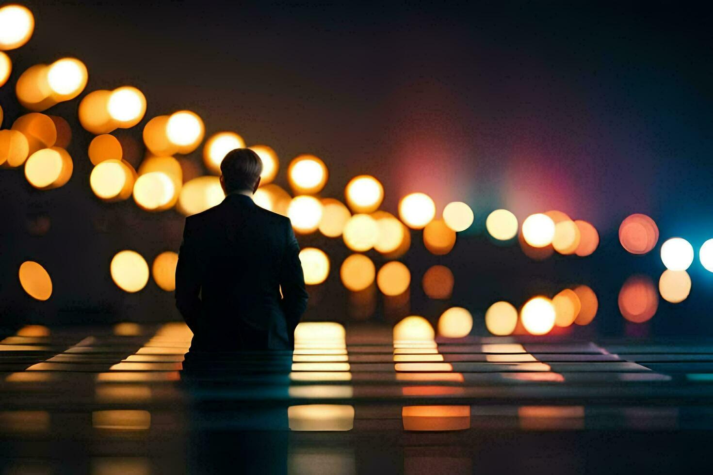 a man in a suit stands in front of a lit up city. AI-Generated photo