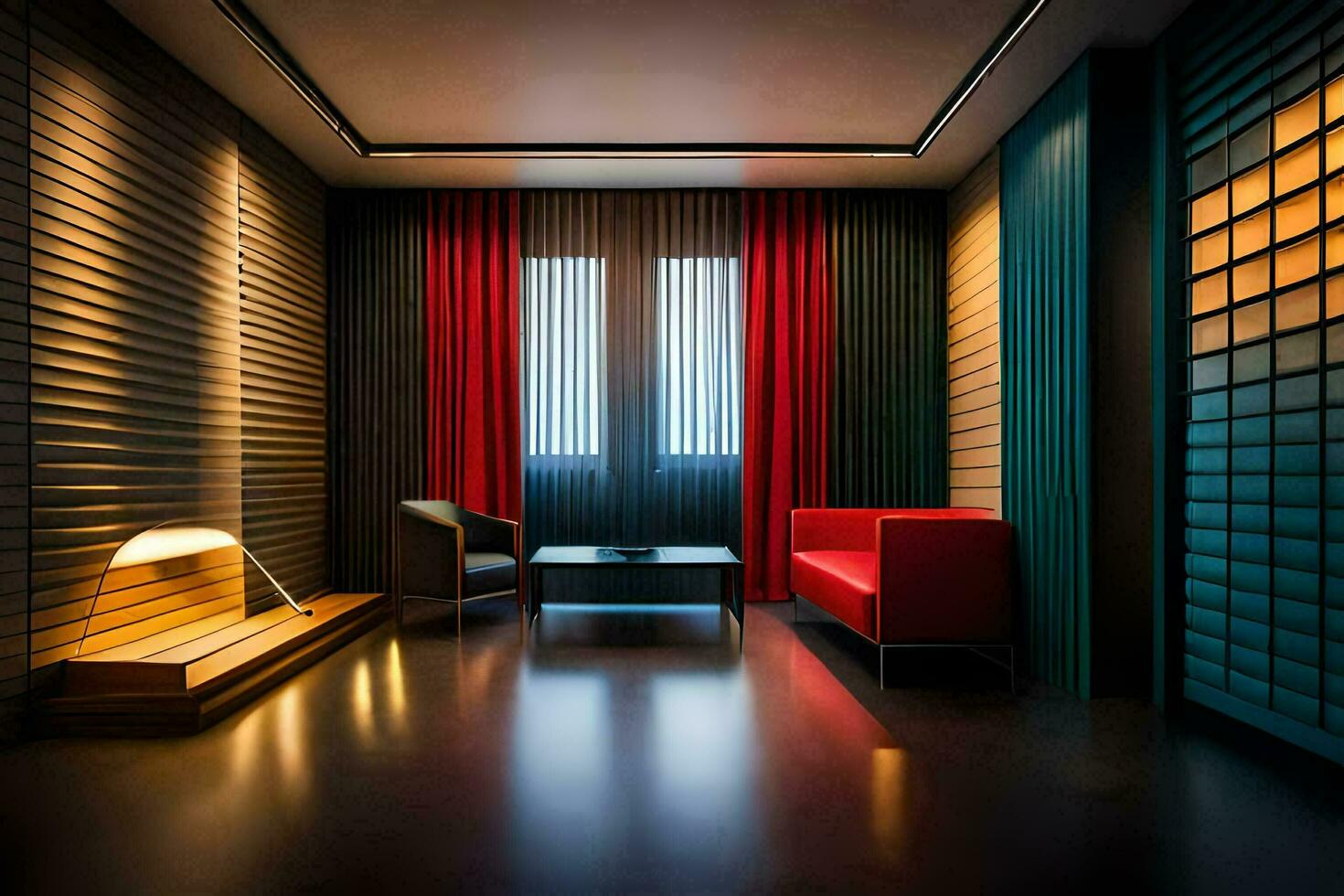 a modern hotel room with red curtains and black walls. AI-Generated photo