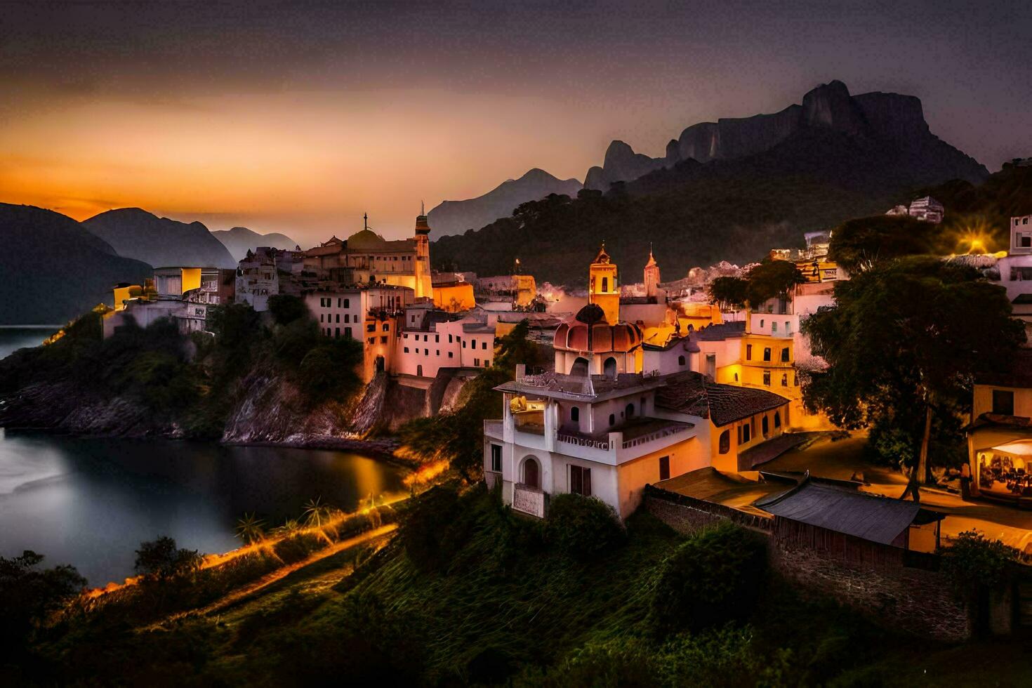 photo wallpaper the sky, mountains, water, sunset, the city, the lake, the city. AI-Generated