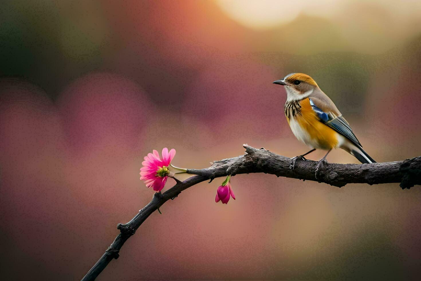 a bird sits on a branch with pink flowers. AI-Generated photo