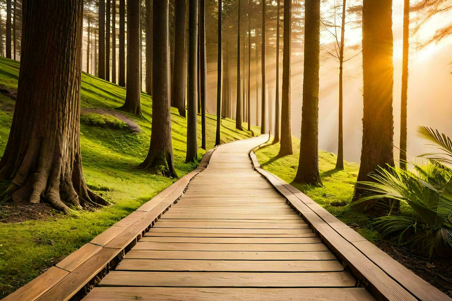 a wooden path leads through the forest at sunset. AI-Generated photo