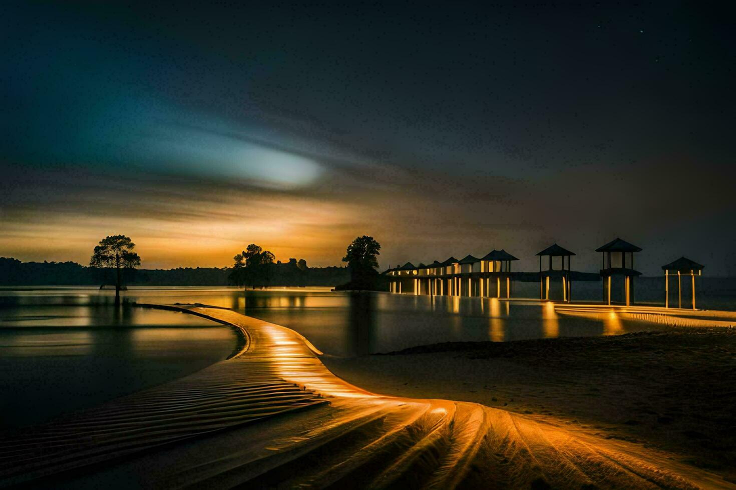a long exposure photograph of a pier at night. AI-Generated photo