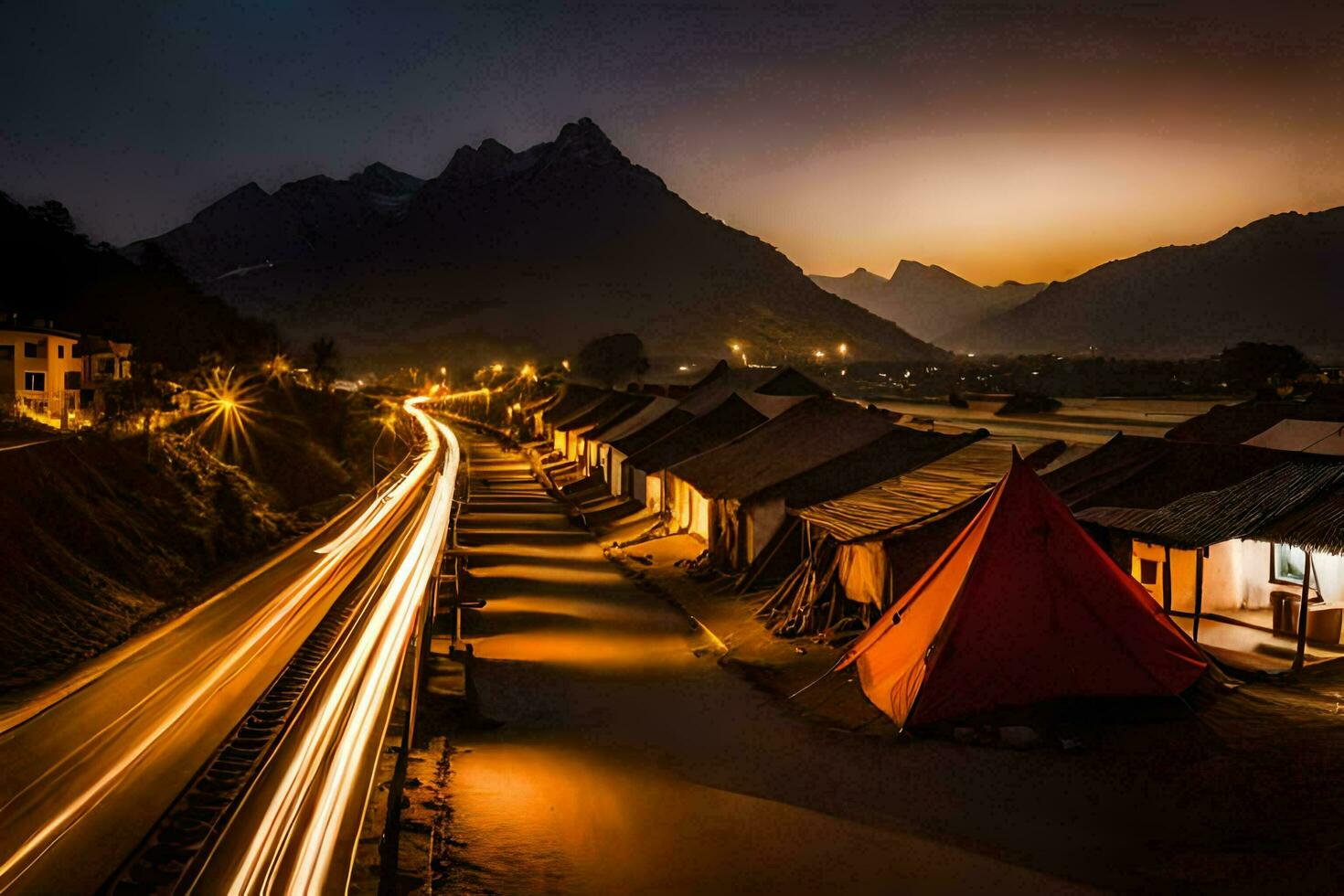 a long exposure photo of a road and tents in the mountains. AI-Generated