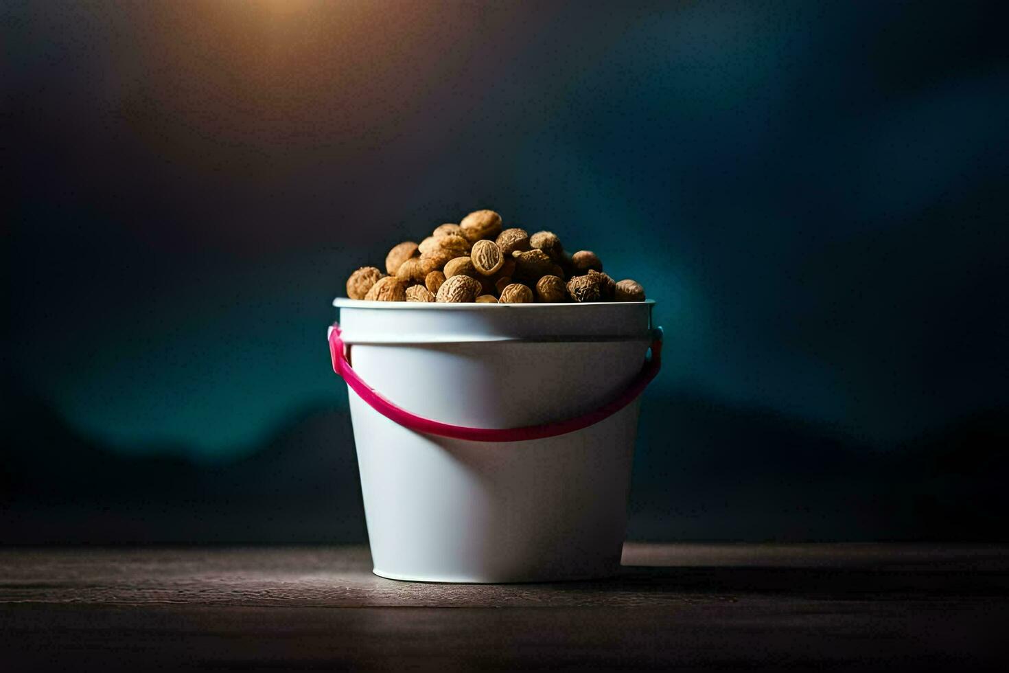 a bucket filled with peanuts on a table. AI-Generated photo