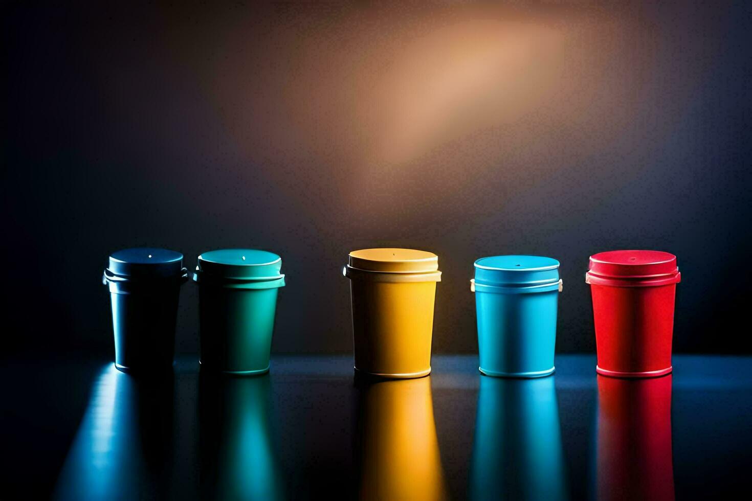 a row of colorful plastic cups on a dark surface. AI-Generated photo