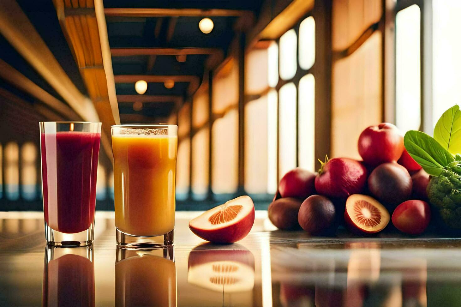 dos lentes de jugo y Fruta en un mesa. generado por ai foto