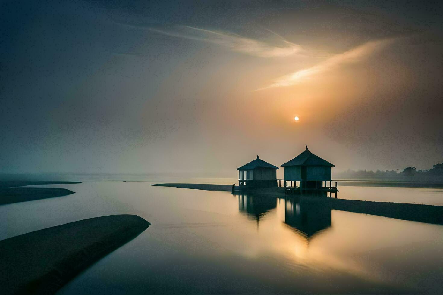 the sun rises over a body of water with two small huts. AI-Generated photo