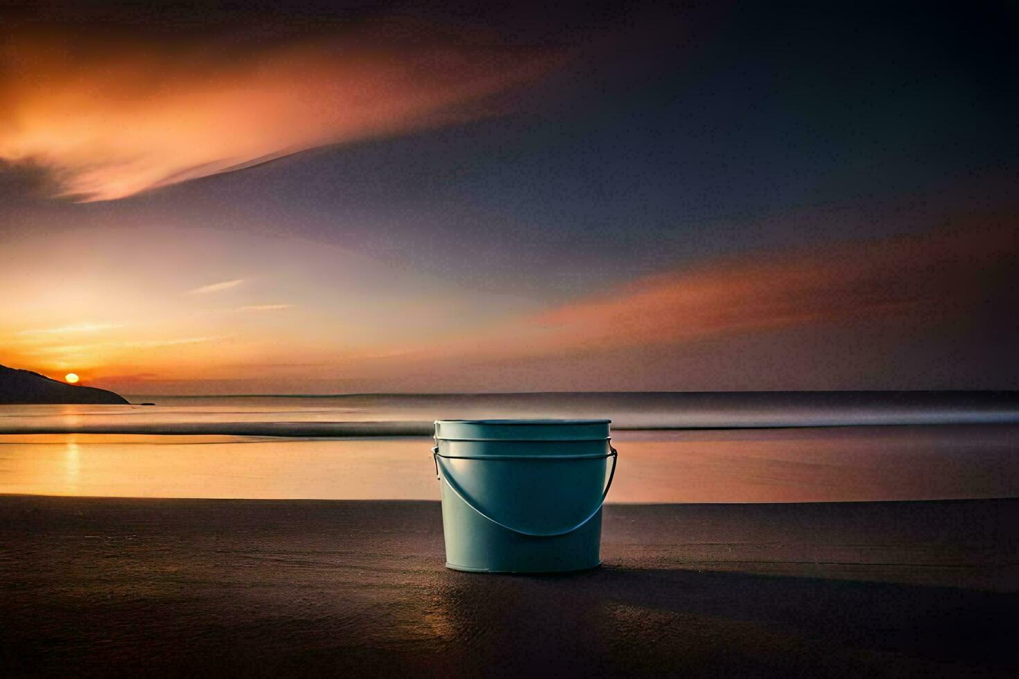 a bucket on the beach at sunset. AI-Generated photo