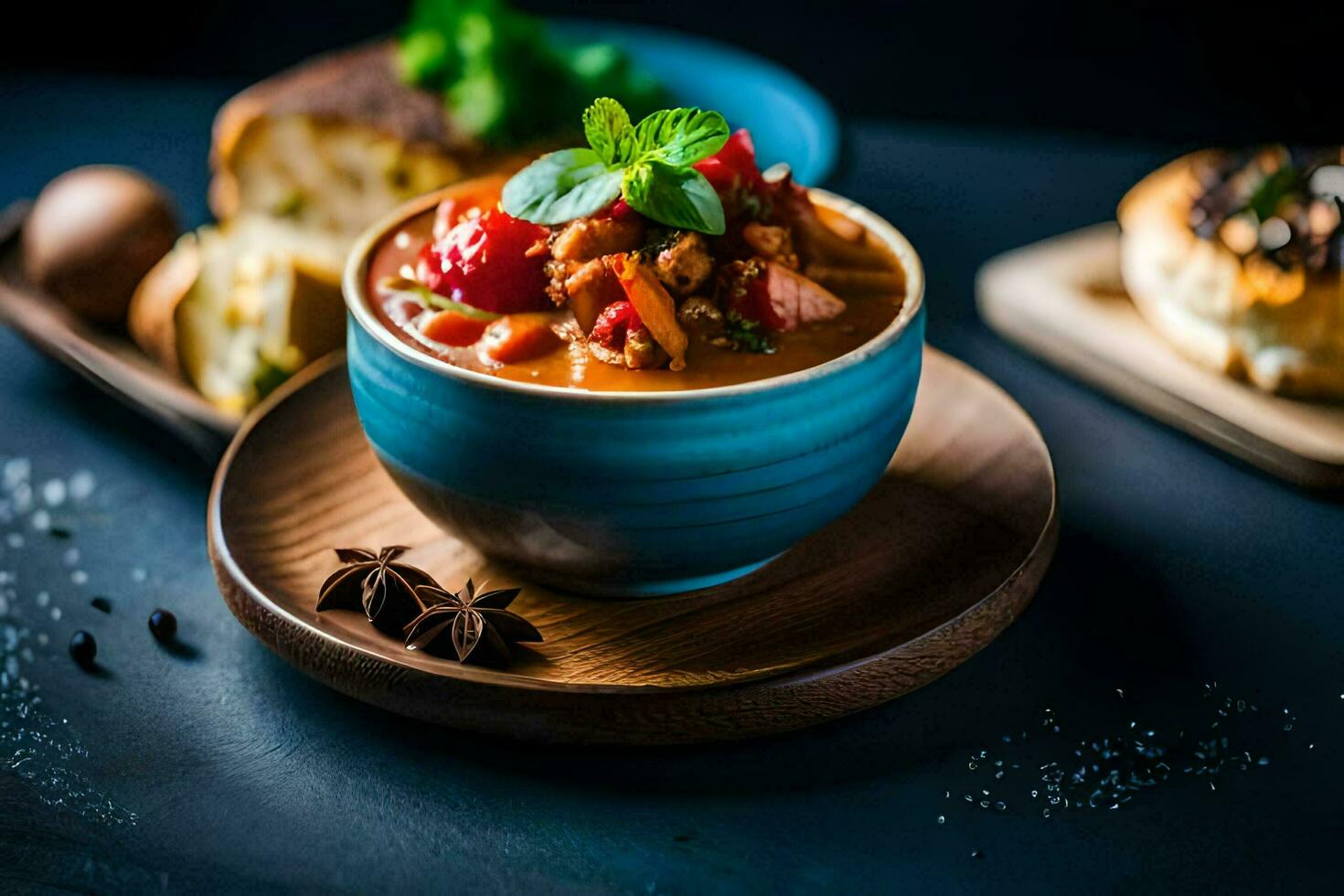 stew with meat and vegetables in a blue bowl on a dark table. AI-Generated photo