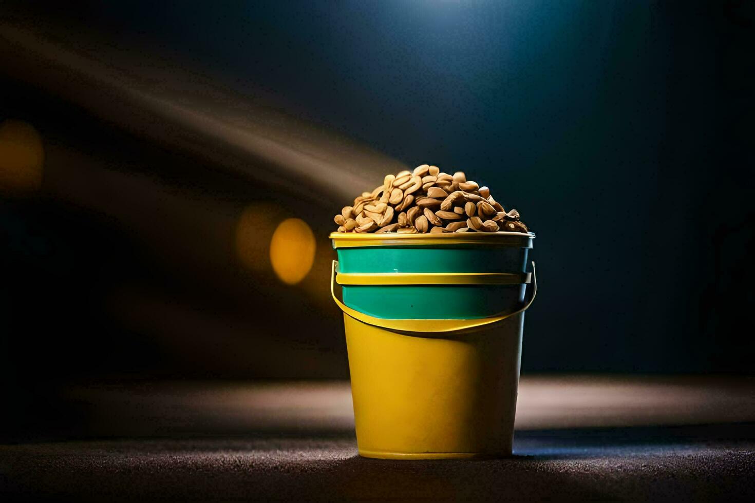 a bucket of peanuts sitting on a table. AI-Generated photo