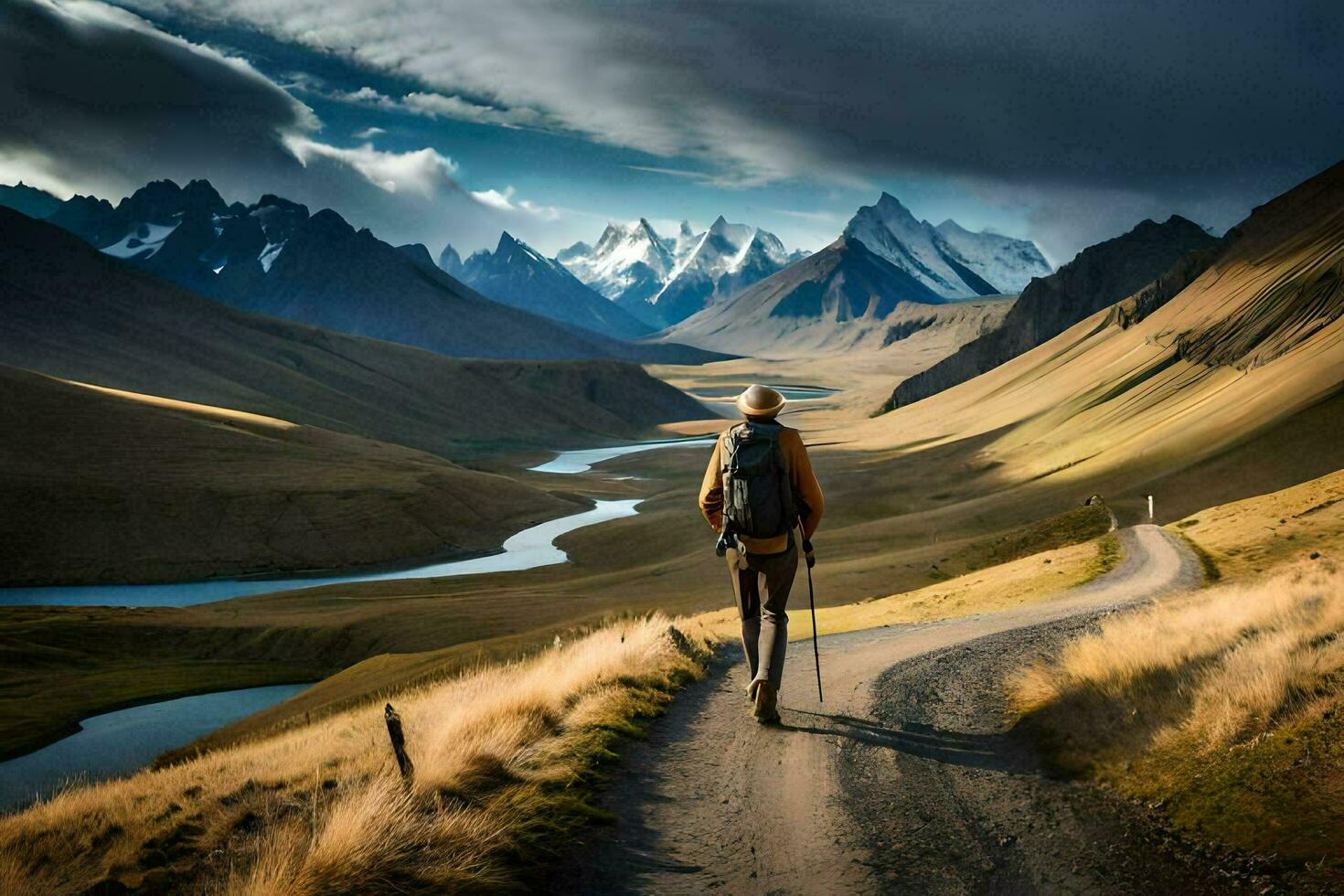 a man with a backpack walking down a dirt road in the mountains. AI-Generated photo