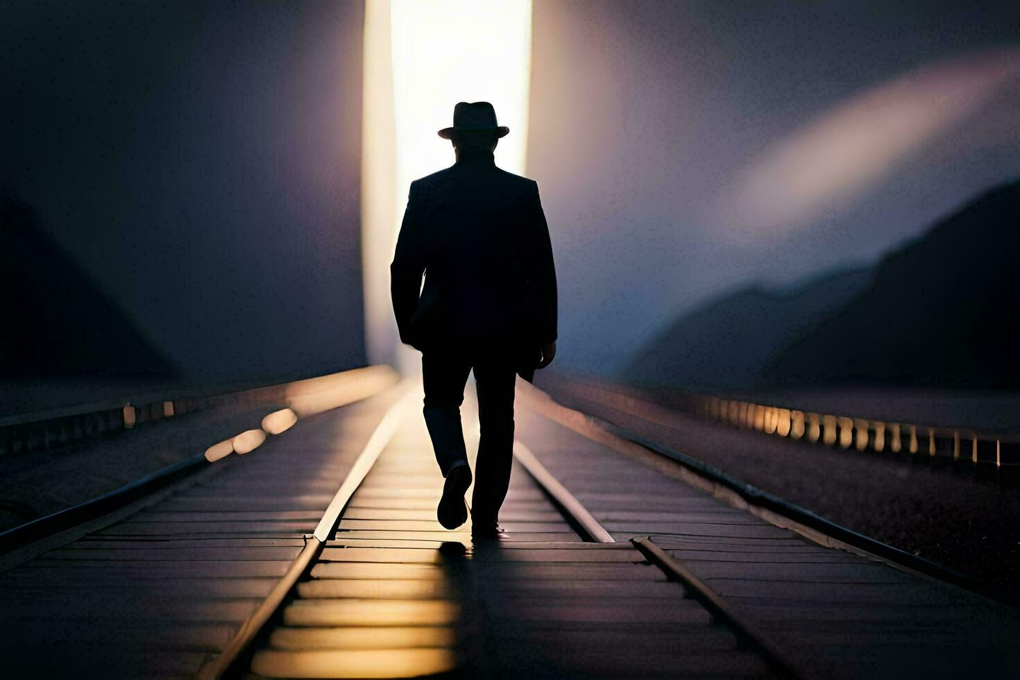 a man in a hat and suit walking on a train track. AI-Generated photo