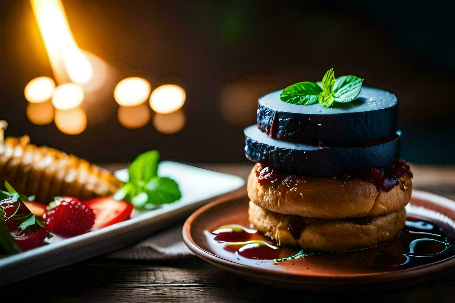 a stack of pancakes with strawberries and syrup. AI-Generated photo