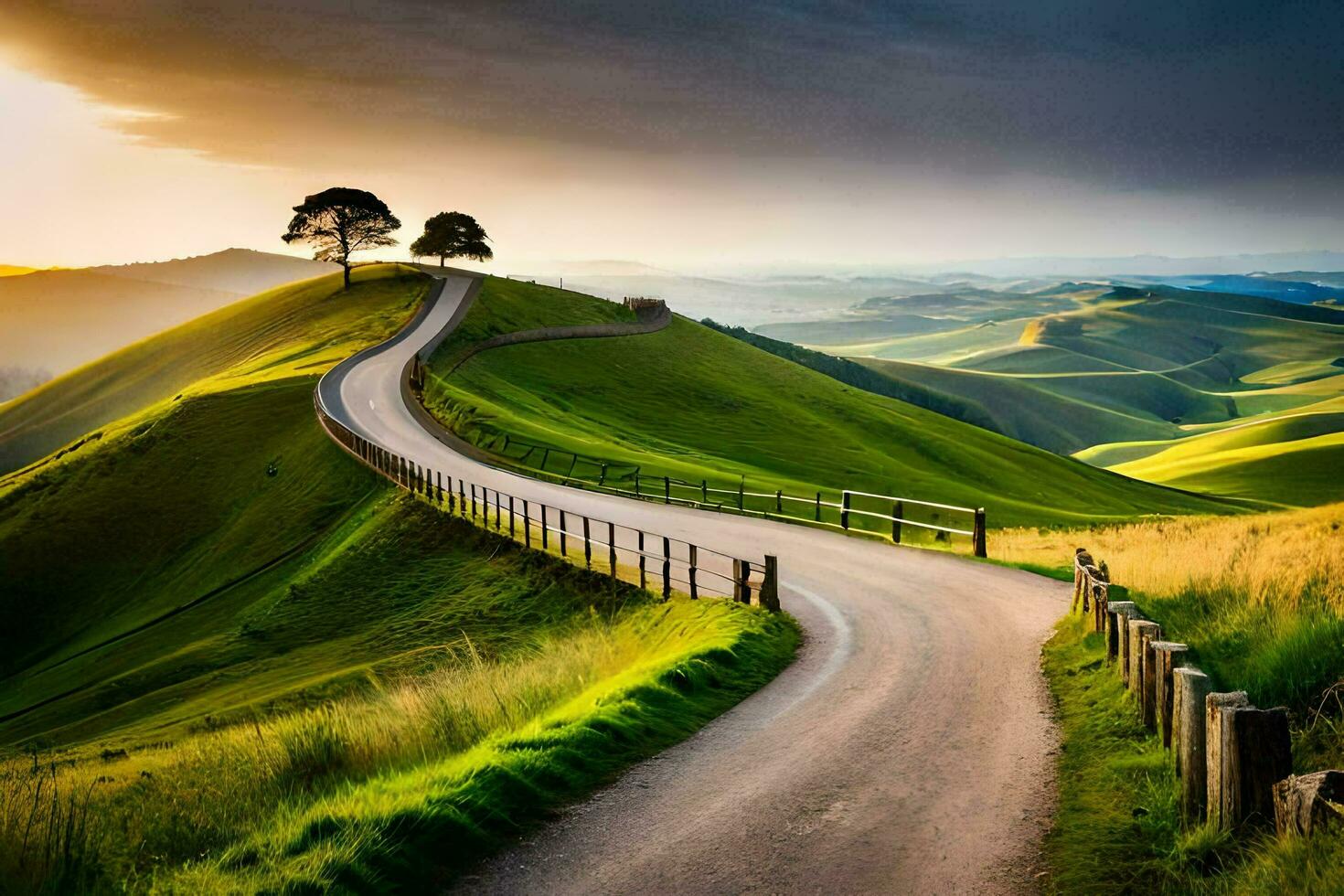 el la carretera a el puesta de sol. generado por ai foto