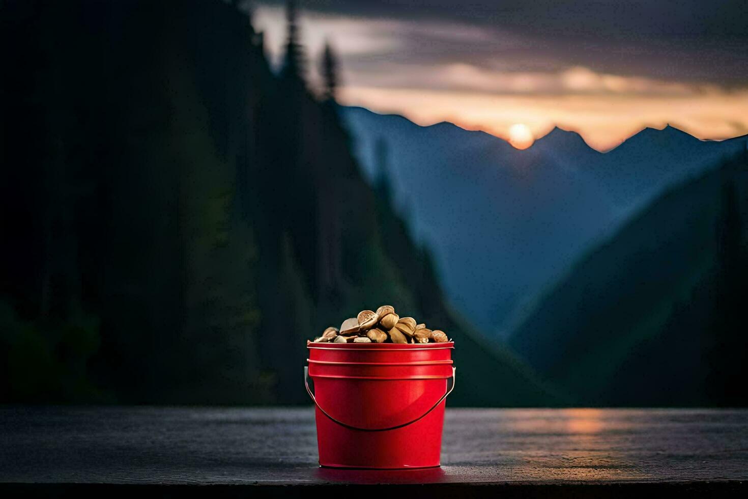 a red bucket of peanuts on a table in front of a mountain range. AI-Generated photo
