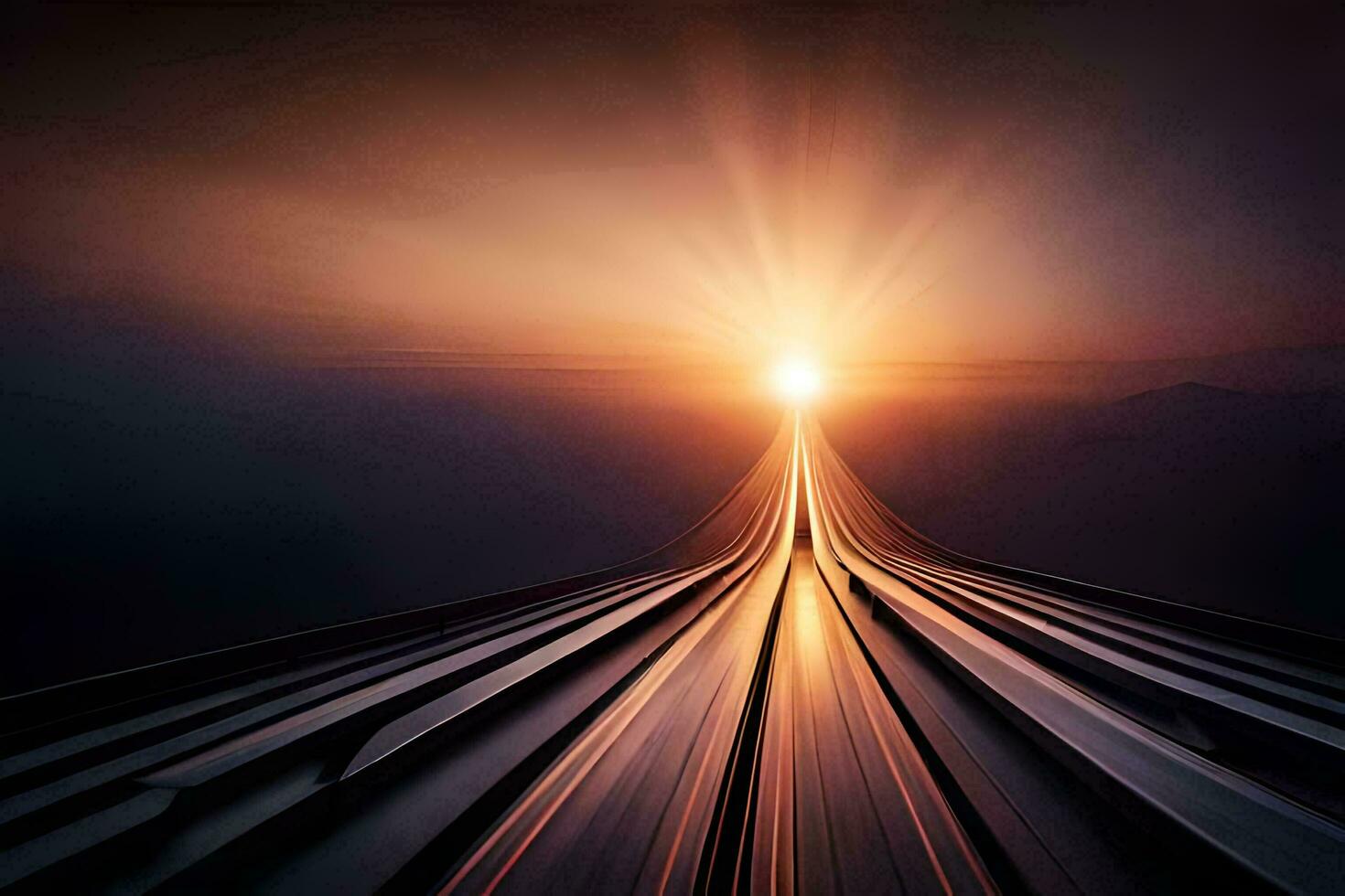 a long train track with the sun shining through it. AI-Generated photo