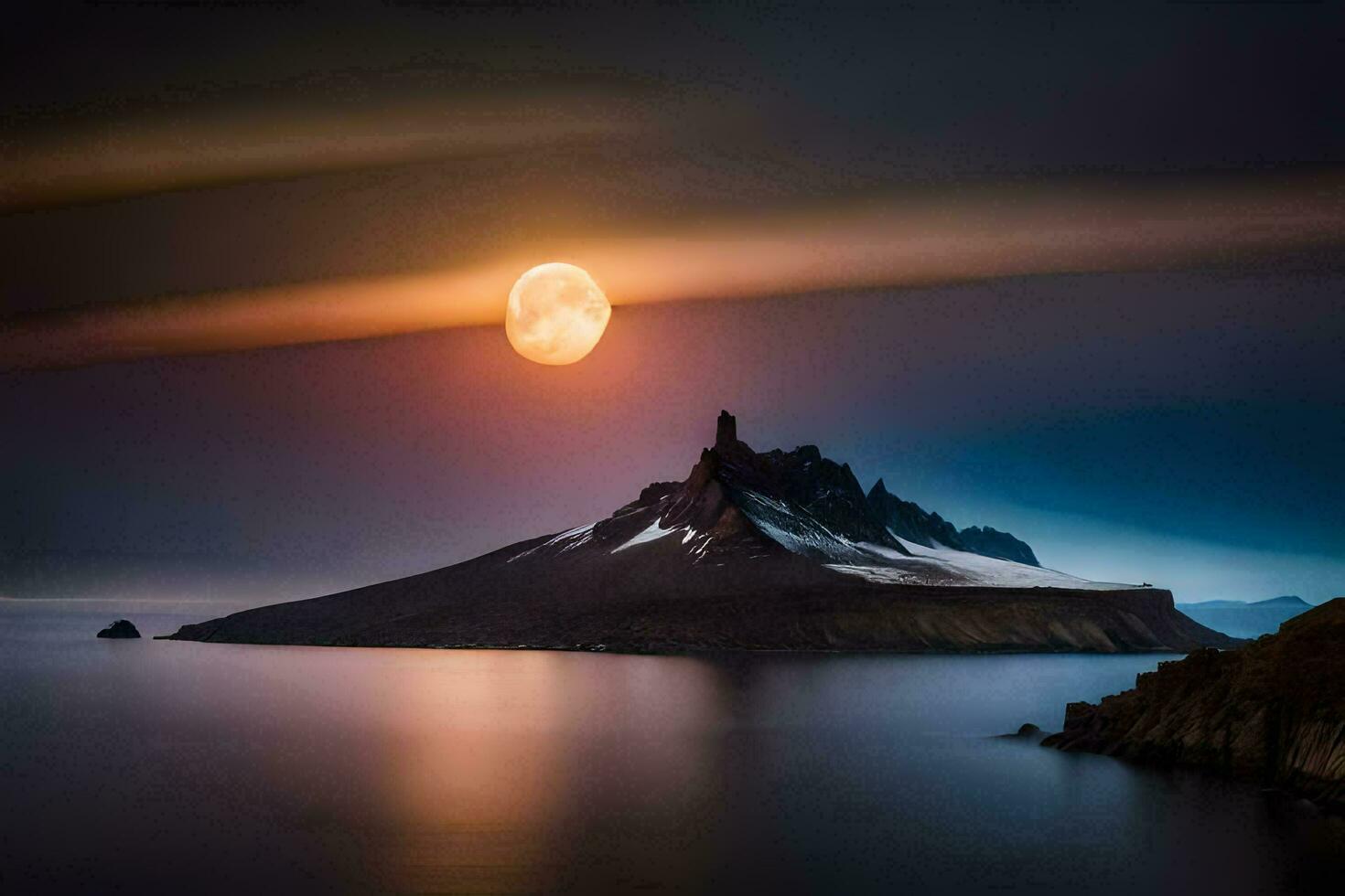 the moon rises over a mountain and a body of water. AI-Generated photo