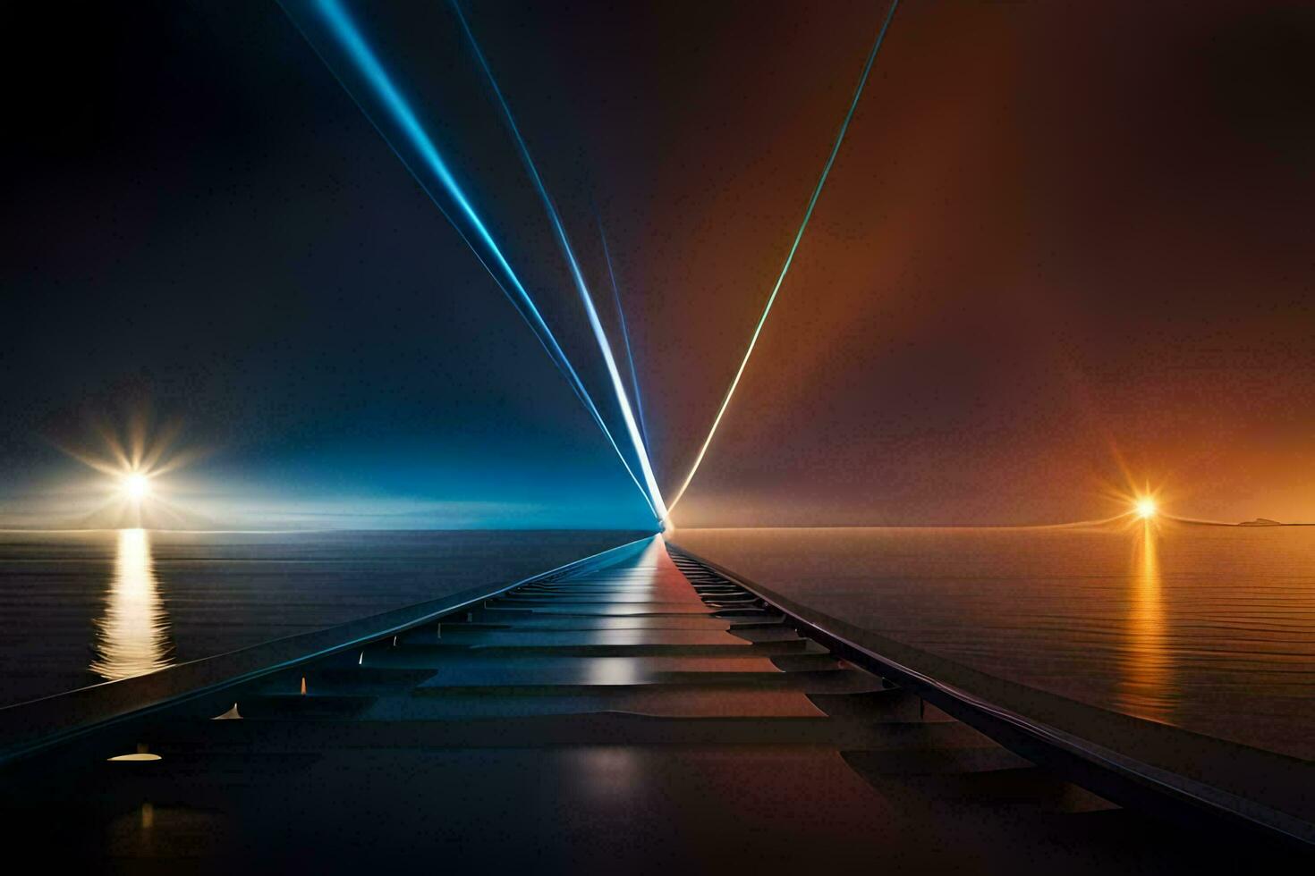 a train track leading to the ocean at night. AI-Generated photo