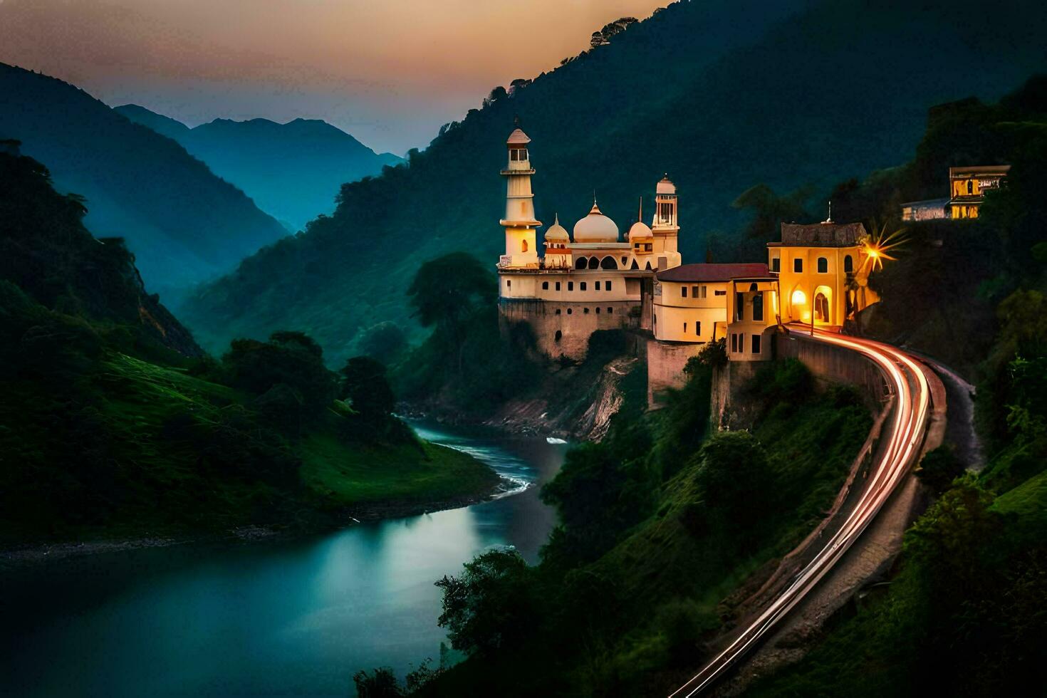 a beautiful mosque sits on the side of a river. AI-Generated photo