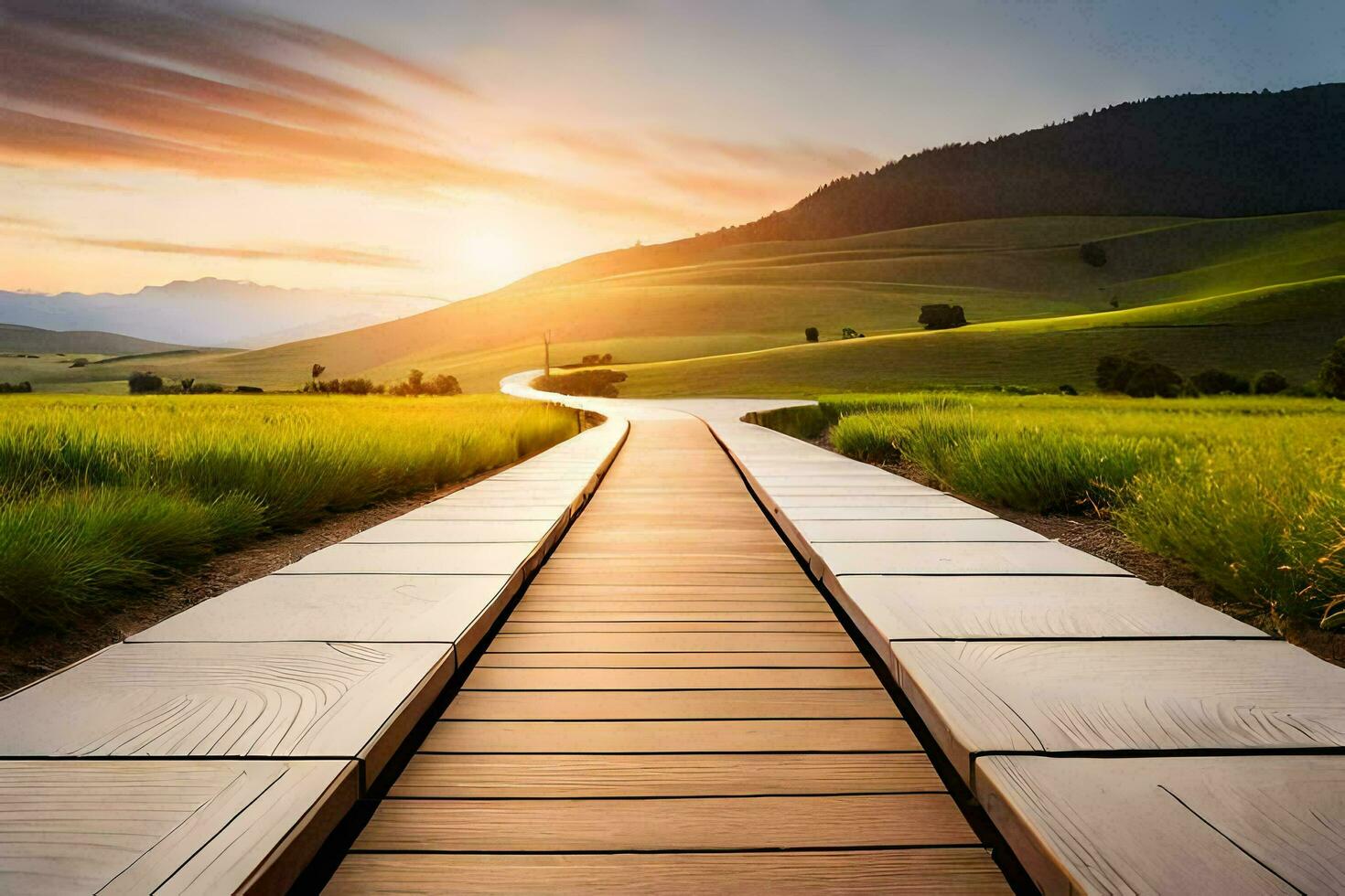 a wooden walkway leads to a green field at sunset. AI-Generated photo