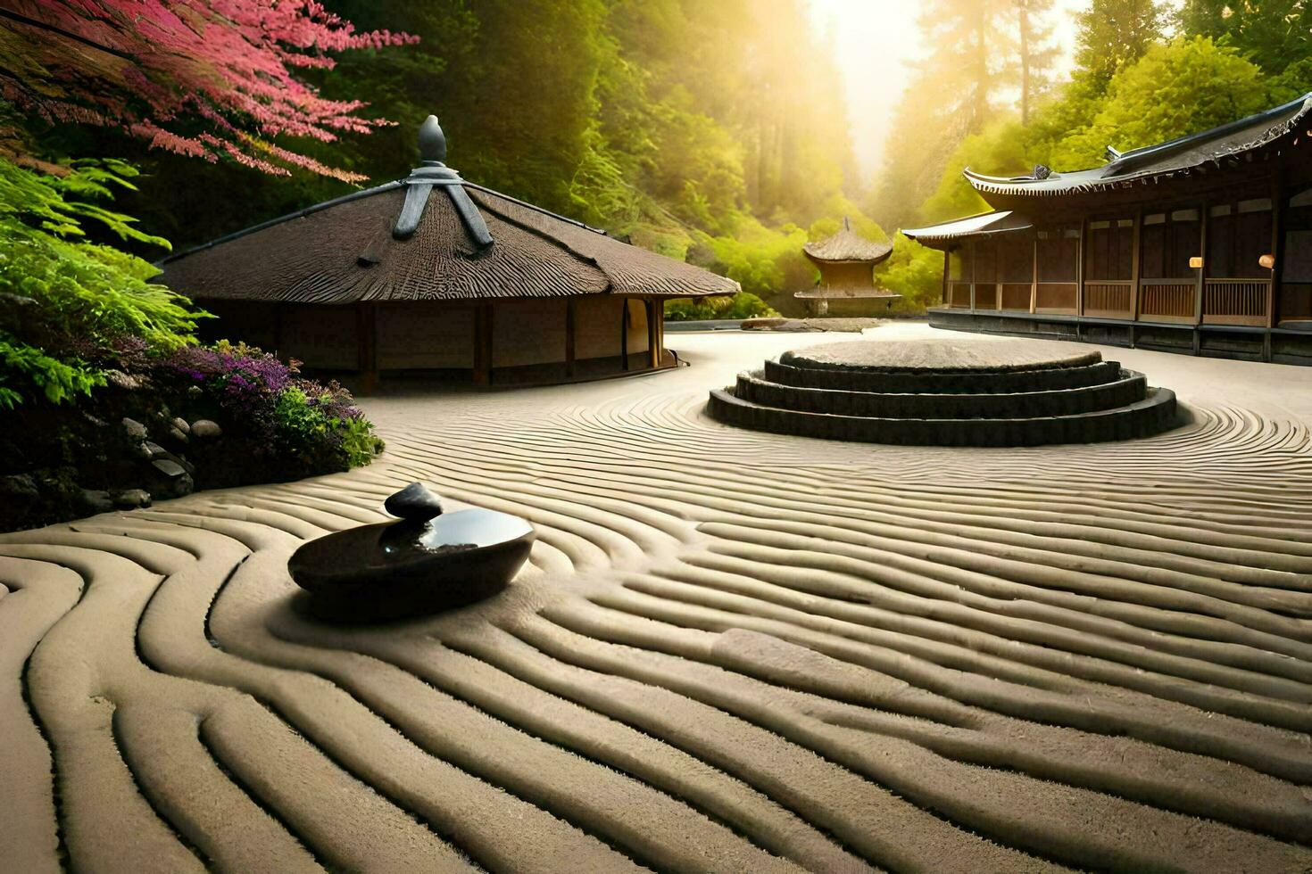 a zen garden with a stone path and water fountain. AI-Generated photo