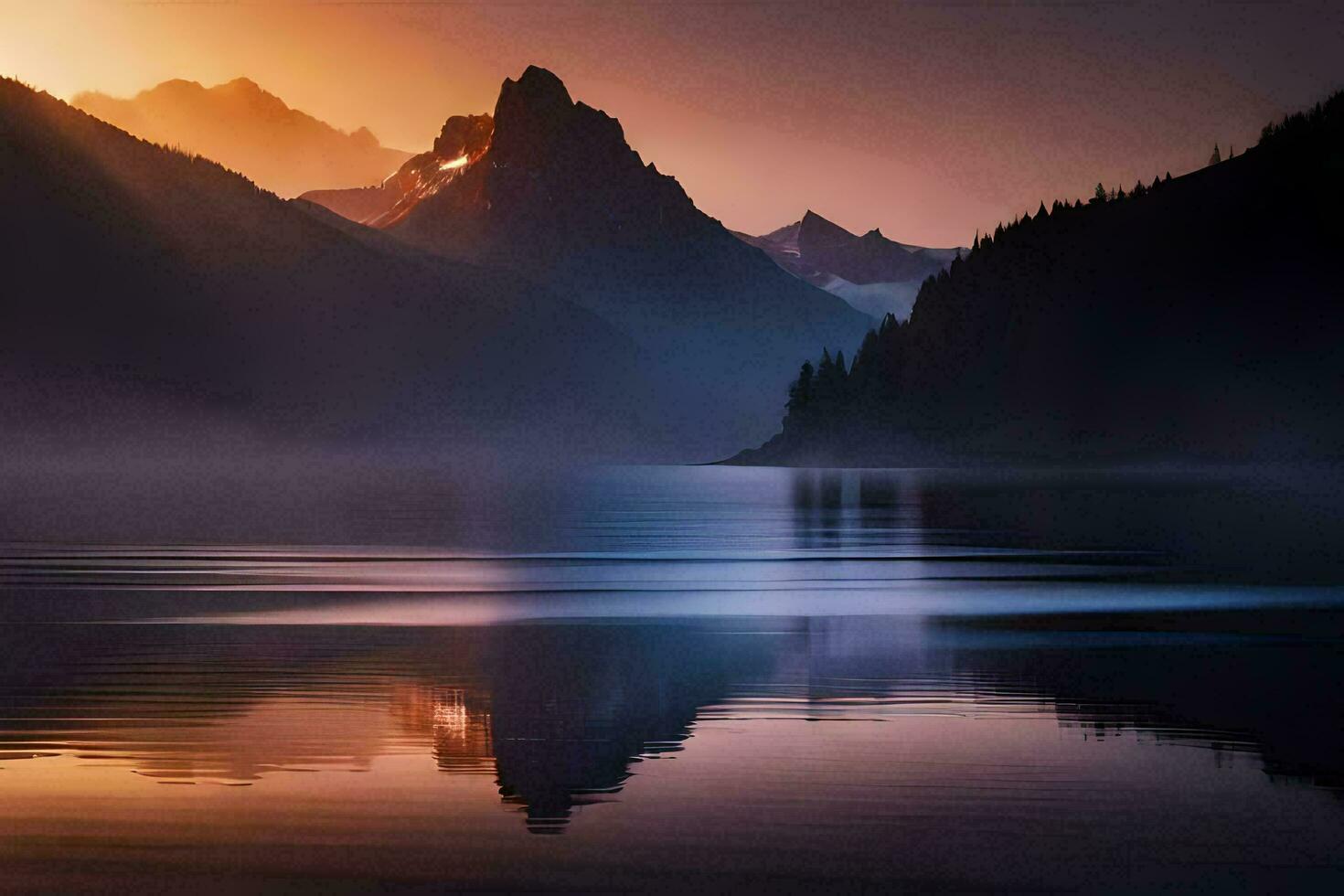 a mountain range is reflected in the water at sunset. AI-Generated photo