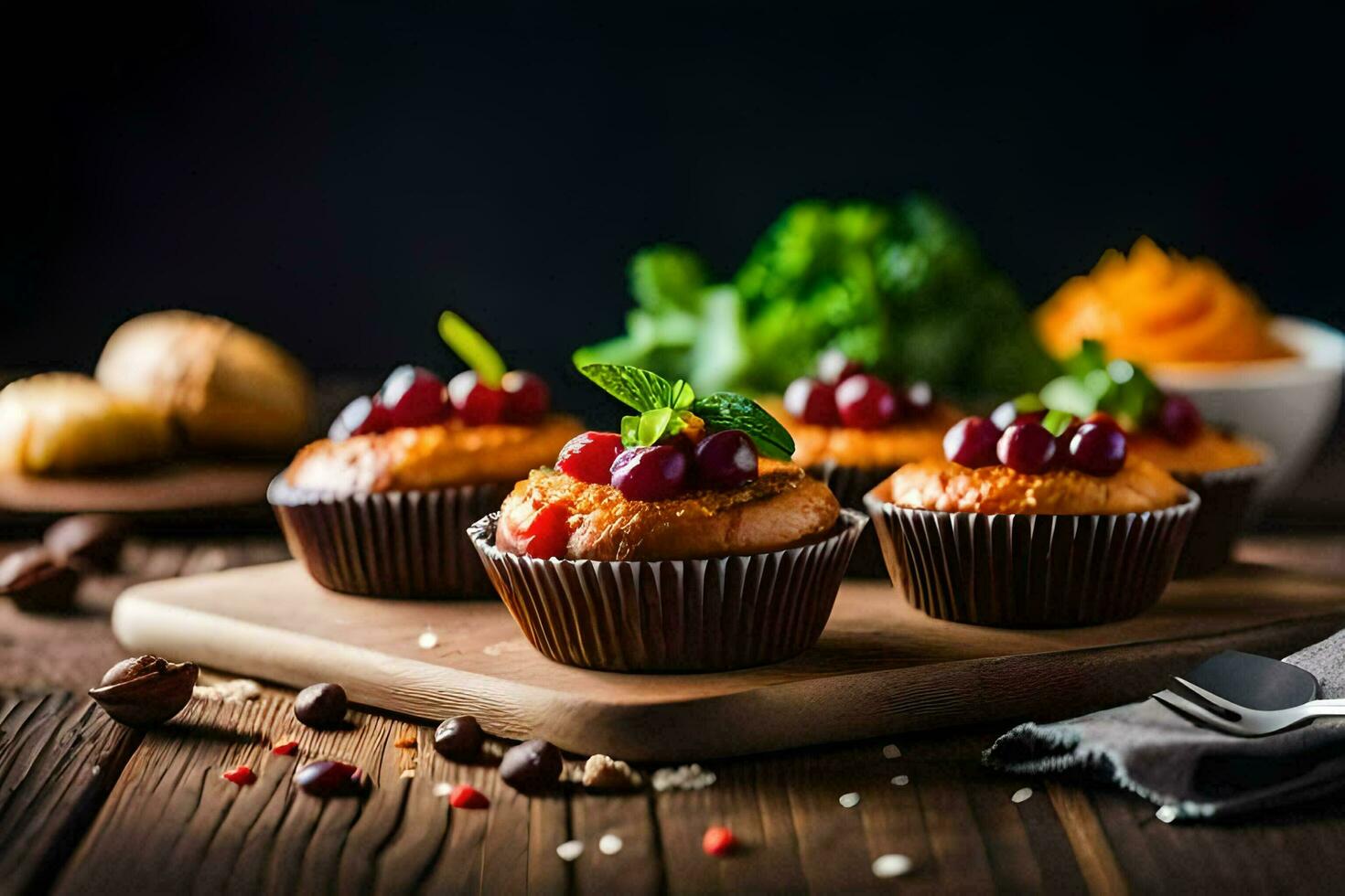 cupcakes with cherries and nuts on a wooden cutting board. AI-Generated photo