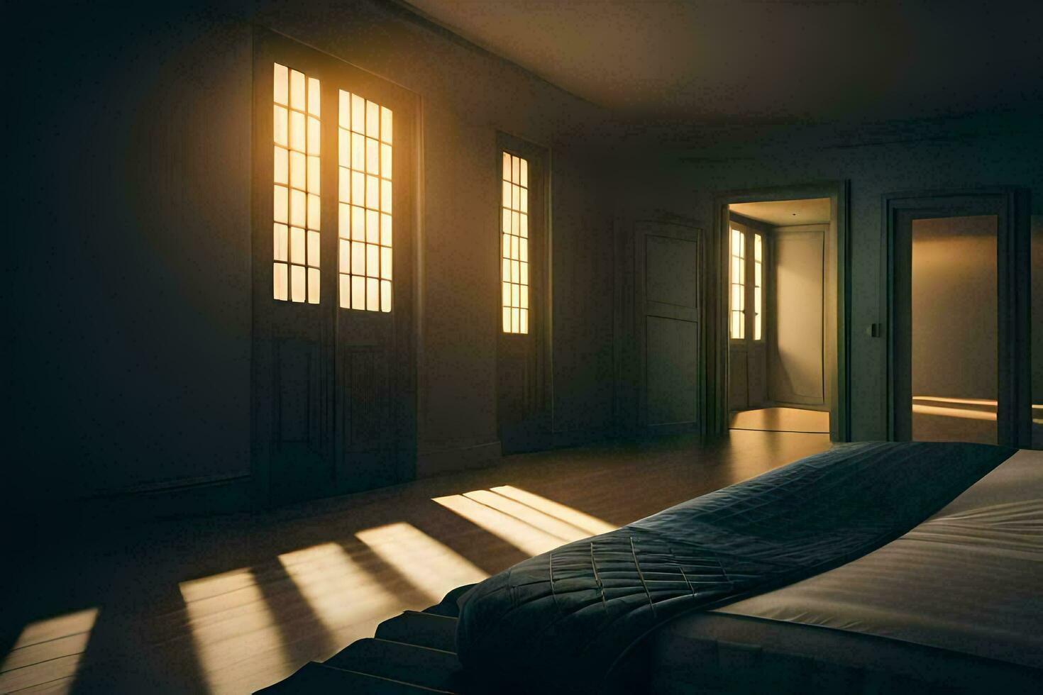 a bedroom with a bed and a window. AI-Generated photo