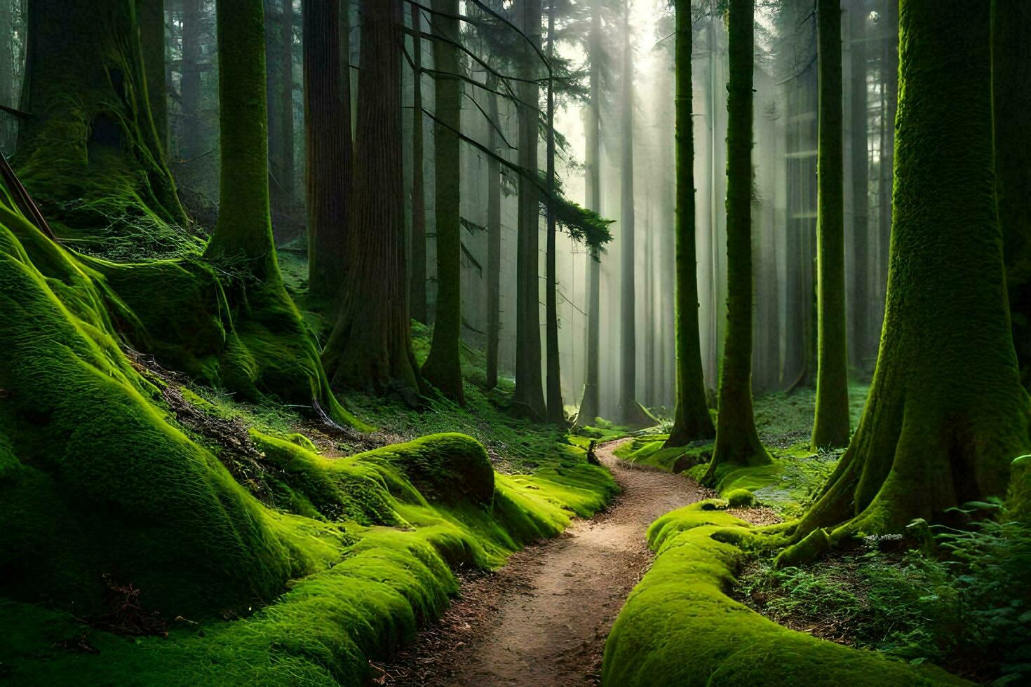 a path through a forest with mossy trees. AI-Generated photo