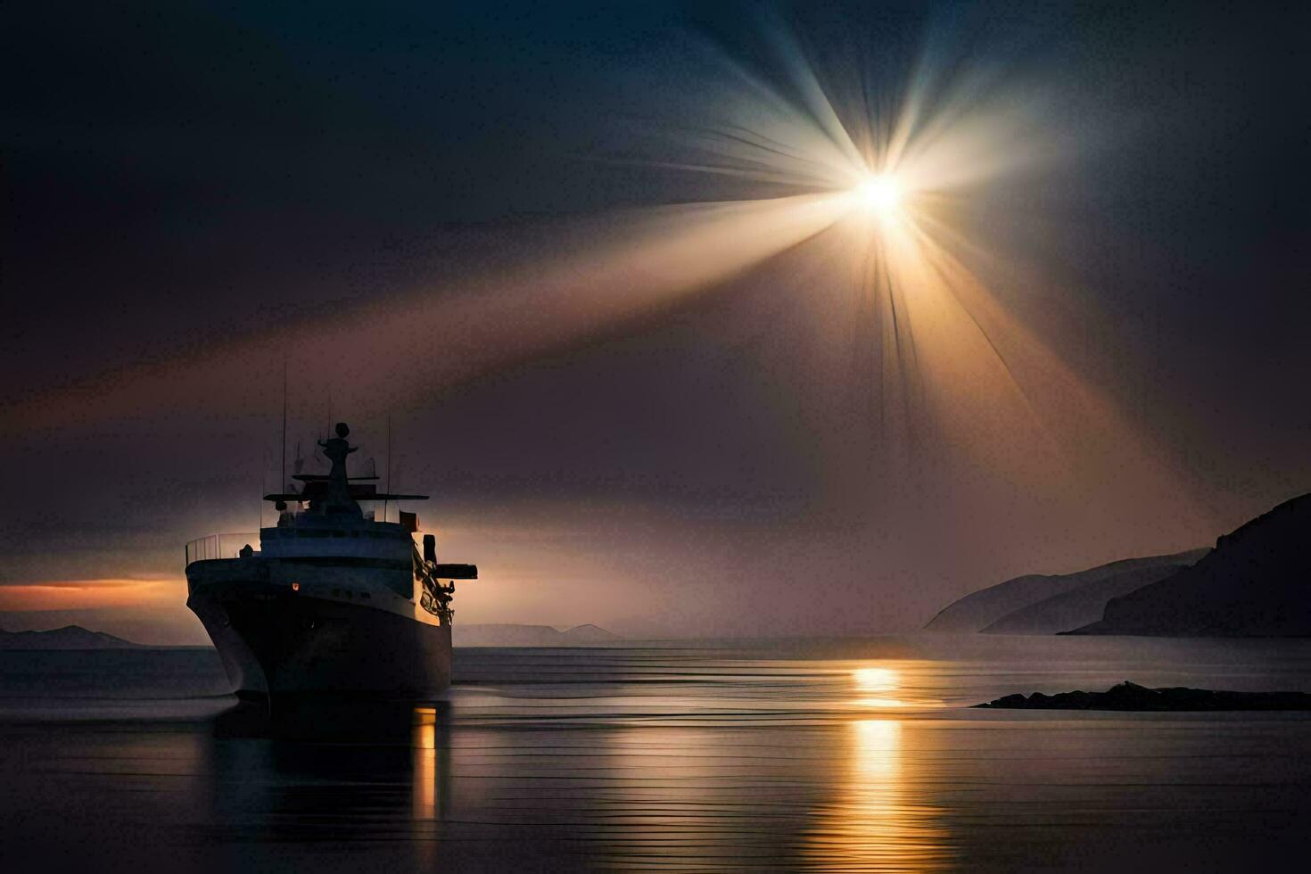 un barco en el Oceano con un Dom brillante mediante el nubes generado por ai foto