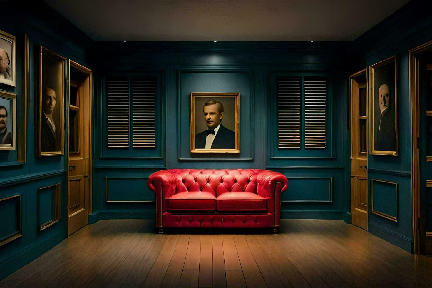 a room with a red couch and pictures of presidents. AI-Generated photo