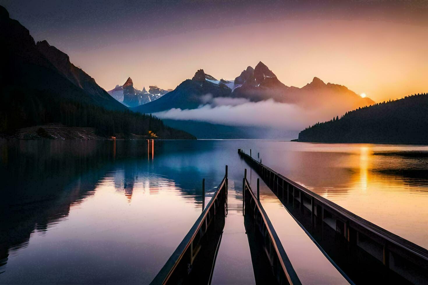 un lago con un muelle y montañas en el antecedentes. generado por ai foto