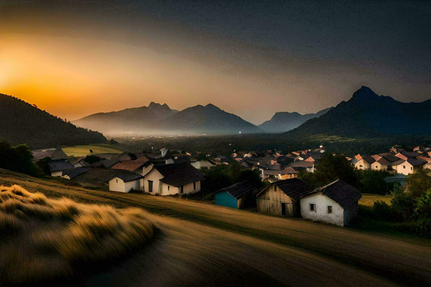 foto fondo de pantalla el cielo, montañas, el sol, el montañas, el aldea, el aldea,. generado por ai