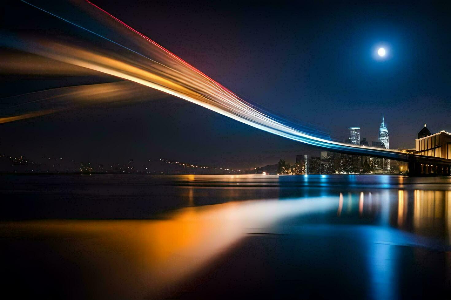 un largo exposición fotografía de un puente terminado agua a noche. generado por ai foto