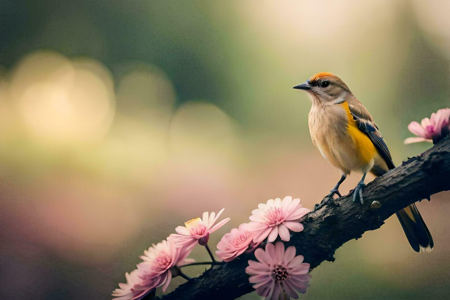 a bird sits on a branch with pink flowers. AI-Generated photo