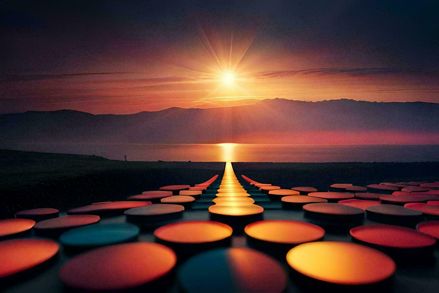 a sunset over a lake with many circles. AI-Generated photo